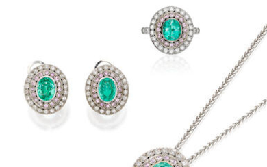 Paraiba Tourmaline, Gem-set and Diamond Ring, Earring and Pendant Suite with GIA