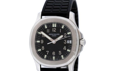 Patek Philippe Aquanaut wristwatch, men, provenance documents , ca. 1999, stainless steel, 33 x 36 mm / Men's Patek Philippe Aquanaut wristwatch, reference 5066a-001, automatic movement, glazed back. Black dial with Arab numerals and date at 3 o'clock...