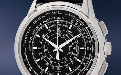 Patek Philippe, Ref. 5975P A very rare and extremely fine limited edition platinum multi-scale flyback chronograph wristwatch with Certificate of Origin, presentation box and commemorative coin, made to commemorate the 175th anniversary of Patek Philippe