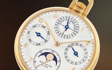Patek Philippe, Ref. 725-2 A rare and highly attractive yellow gold openface perpetual calendar pocket watch with moon phase