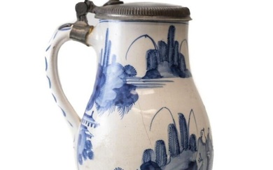 Pewter mounted German Faience Tankard 1750s blue and white painted chinoisorie