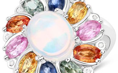 Plated Rhodium 1.69ct Opal and Multi Color Gemstone Ring