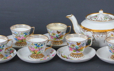 Porcelain set for six persons Beginning of 20th century. Kuznetsov porcelain factory Riga - Dulevo, Russia. Porcelain, gilding, painting. 6 cups - 7x8 cm, 6 saucers - 14 cm, teapot 13x23 cm