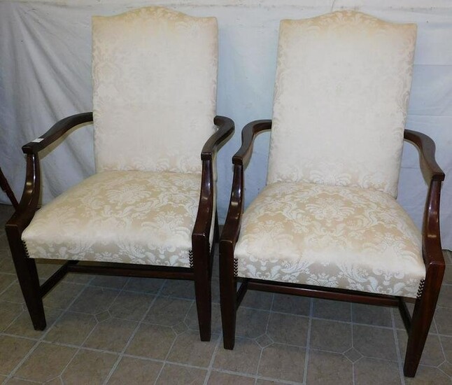 Pr Mahogany Uph High Back Chairs By Statesville Chair