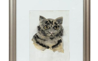 RAPHAEL SOYER, "CAT" FRAMED WATERCOLOR ON PAPER
