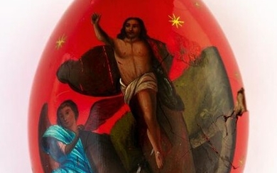 RED RUSSIAN LACQUER EASTER EGG SHOWING THE RESURRECTION OF CHRIST AND A CHURCH