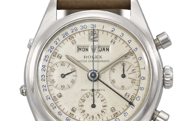 ROLEX. AN EXTREMELY RARE AND HIGHLY ATTRACTIVE STAINLESS STEEL TRIPLE...