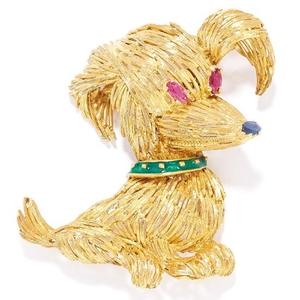 RUBY, SAPPHIRE AND ENAMEL NOVELTY DOG BROOCH in yellow