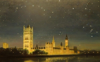Roland Davies, British 1904-1993- The Palace of Westminster at Night; oil on canvas, signed lower left, 76.5 x 101.5 cm (ARR)