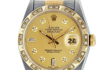 Rolex Mens 2 Tone Champagne Diamond Pyramid Bezel Datejust Wristwatch