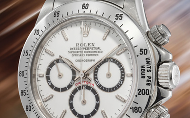 Rolex, Ref. 16520 A rare and attractive stainless steel chronograph wristwatch with "porcelain" dial, bracelet, guarantee, presentation box and outer packaging