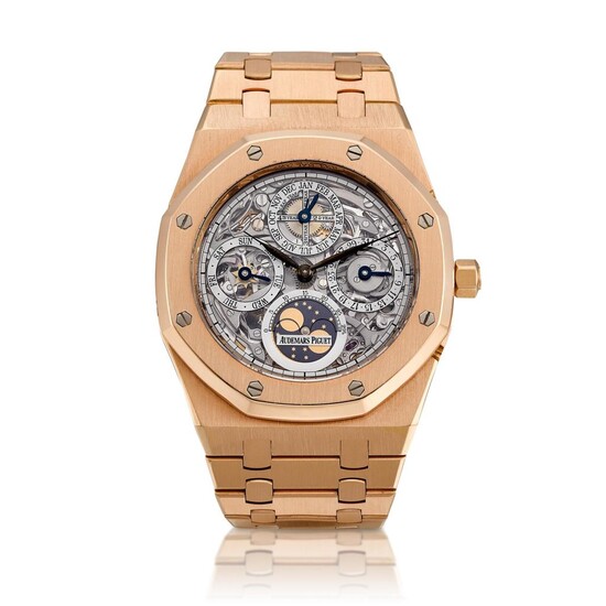 Royal Oak, Reference 25829OR.OO.0944OR.01 | A pink gold skeletonized perpetual calendar bracelet watch with moon phases and leap year indication, Circa 2007 | 愛彼 | 皇家橡樹系列 型號25829OR.OO.0944OR.01 | 粉紅金鏤空萬年曆鏈帶腕錶，備月相及閏年顯示，約2007年製, Audemars Piguet