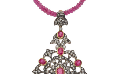 Ruby, Colored Diamond, Gold, Silver Necklace Stones: Oval-shaped rubies;...