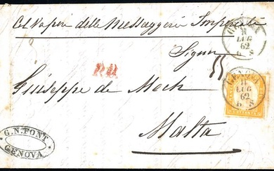 SARDEGNA-MALTA 1862 - 80 cent. giallo arancio (17C), tagliato irregolarmente,...