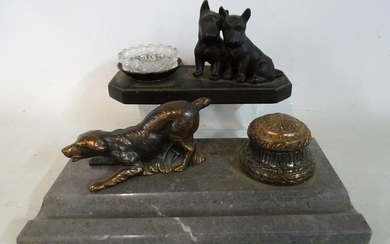 SPANIEL FIGURAL METAL & MARBLE INK STAND AND SCOTTY
