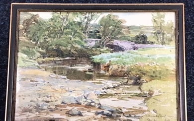 Samuel Lamorna Birch, watercolour, river landscape with stone bridge, inscribed,...