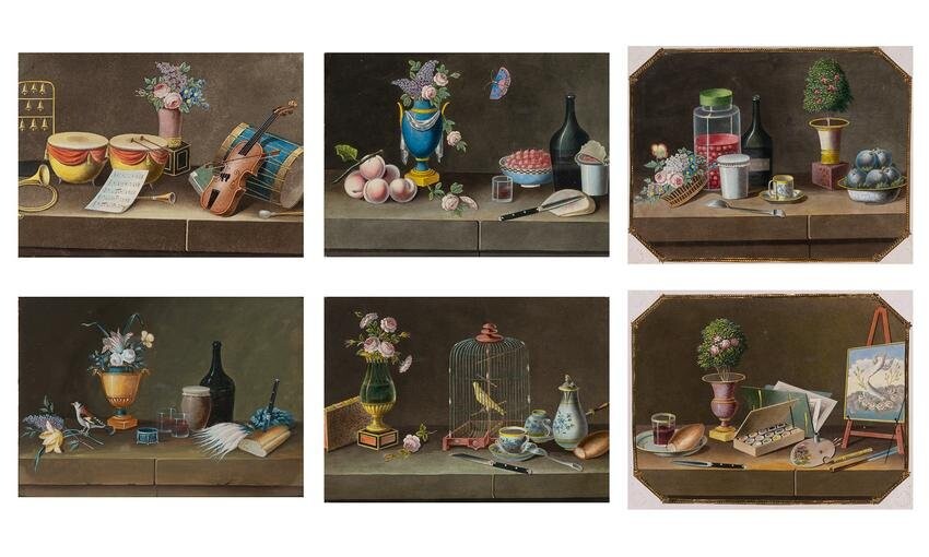 School of Paul Lelong Still Lifes of Musical Instruments, Artists' Materials, Birds, Flowers, Fruit