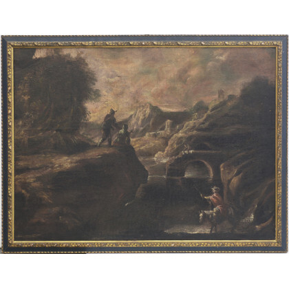 Scuola della fine del secolo XVII - inizio XVIII "Paesaggio con figure" olio su tela (cm 70x94,5). In cornice (difetti...