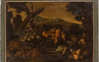 Scuola romana, XVII secolo Still life of fruit in a landscape