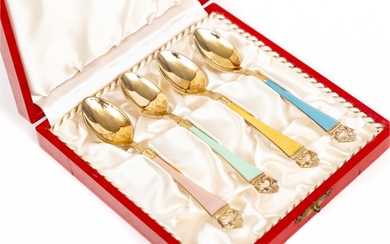 Set Of Four Sterling And Colorful Enamel Coffee Spoons