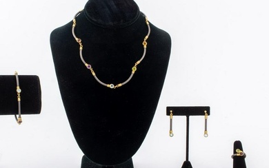 Set includes one ring, one pair earrings worn through pierced earlobes with posts and friction