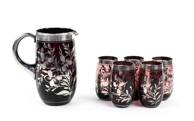 Set of 6 Cranberry and Silver Overlay Glass Set