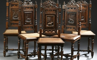 Set of Six French Henri II Style Carved Oak Dining
