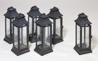 Set of six small ebonized metal hanging lanterns
