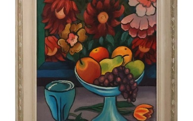Signed Benn, Quality Mid-Century Modern Colorful Still Life Oil on Board Painting, Compote of Fruit