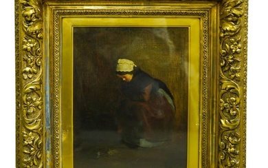 Signed E. Villain Antique Woman Watching Turtle Oil On Canvas