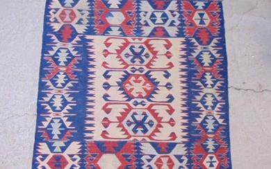 Small Kilim, flatweave rug, in red, blue, 40" by 39"