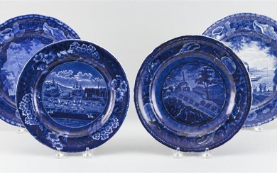 FOUR DARK BLUE STAFFORDSHIRE PLATES Decoration includes the...