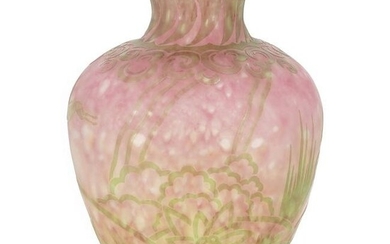 Steuben Cluthra Green Glass "Hunting" Pattern Vase