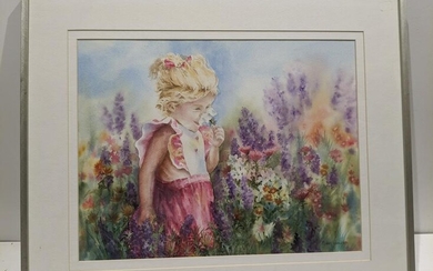 Sue Wolff Girl w/ Flowers Watercolor Painting