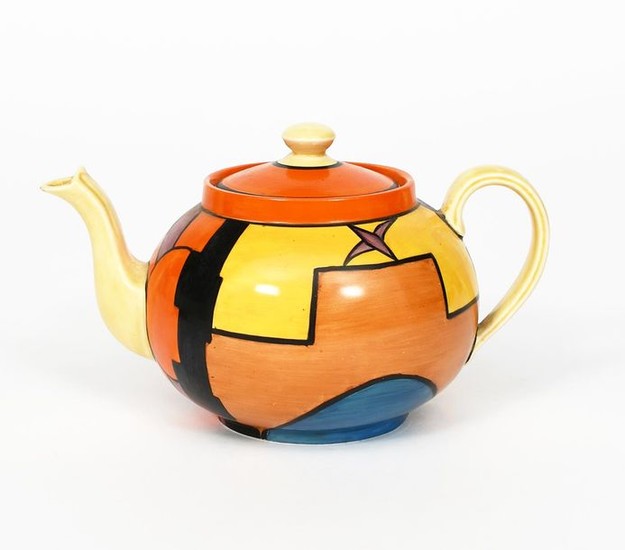 Sunray' a Clarice Cliff Globe teapot and cover,...