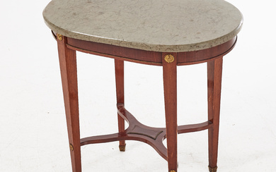 TABLE, with limestone top, circa 1900, late Gustavian style, mahogany veneer, brass fittings and foot sleeves.