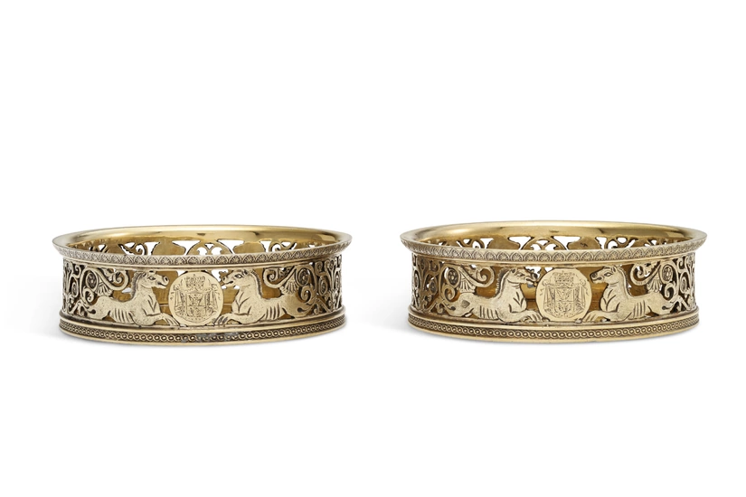 THE BORGHESE SERVICE: A PAIR OF ITALIAN SILVER-GILT WINE COASTERS MARK OF SCHEGGI BROTHERS, FLORENCE, CIRCA 1825