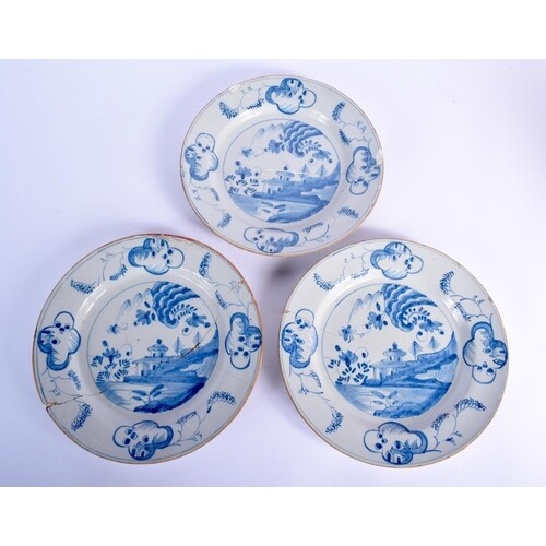 THREE 18TH CENTURY ENGLISH DELFT BLUE AND WHITE PLATES paint...