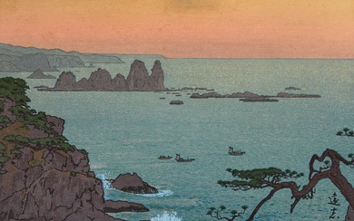 TOSHI YOSHIDA, 1911 - 1995, Irozaki Morning, woodblock print, 25 x 33.5 cm. (9.8 x 13.1 in.), frame: 39 x 47 x 2 cm. (15.3 x 18 1/2 x 0.7 in.)
