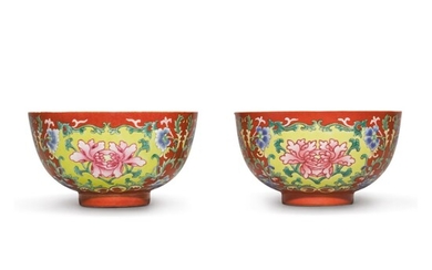TWO CORAL-GROUND FAMILLE-ROSE 'PEONY' BOWLS, QIANLONG SEAL MARKS AND PERIOD