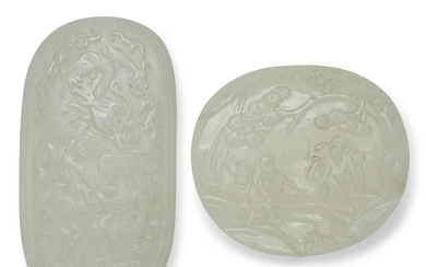 TWO PALE CELADON JADE OVAL PLAQUES Qing Dynasty