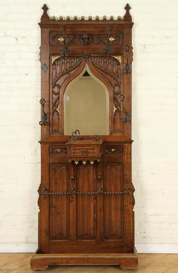 TWO PART CARVED OAK GOTHIC STYLE COAT RACK C.1900