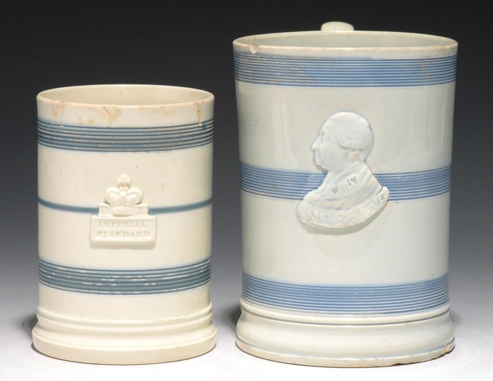 TWO SPRIGGED CYLINDRICAL PEARLWARE MUGS, 1830-38 quart and ...