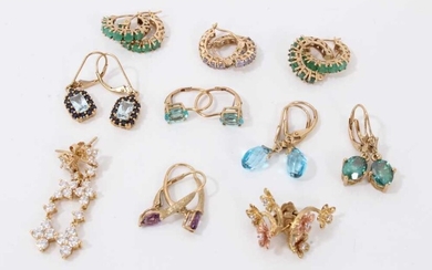 Ten pairs 9ct gold gem set earrings