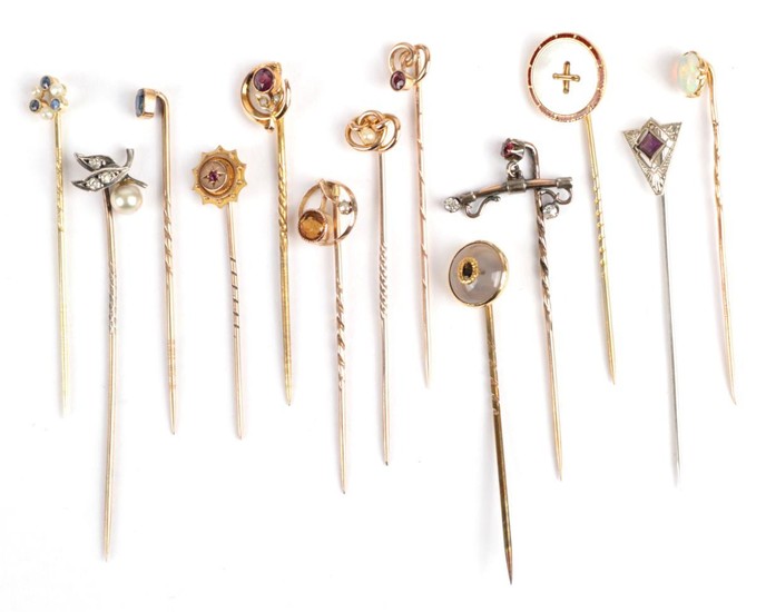 Thirteen Stick Pins; including a sapphire and seed pearl example...