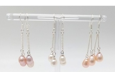 Three Pairs of Freshwater Pearl and 925 Silver Drop Earrings...