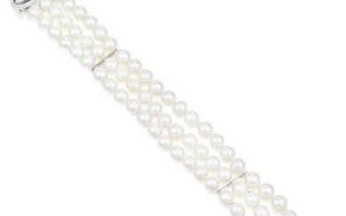 Three-Strand Cultured Pearl and Diamond Bracelet