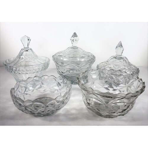 Three cut-glass bowls and covers and two flat-cut bowls