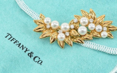 Tiffany & Co. 18K gold diamond and pearl pin, foliage