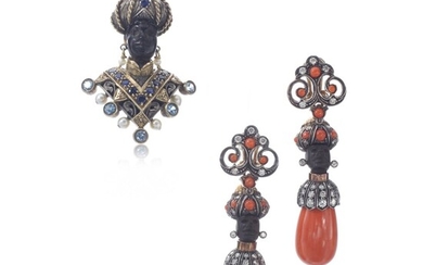 Tortoise shell, sapphire, ruby, zircon and cultured pearl brooch, 'Moretto', and a pair of coral, diamond earrings